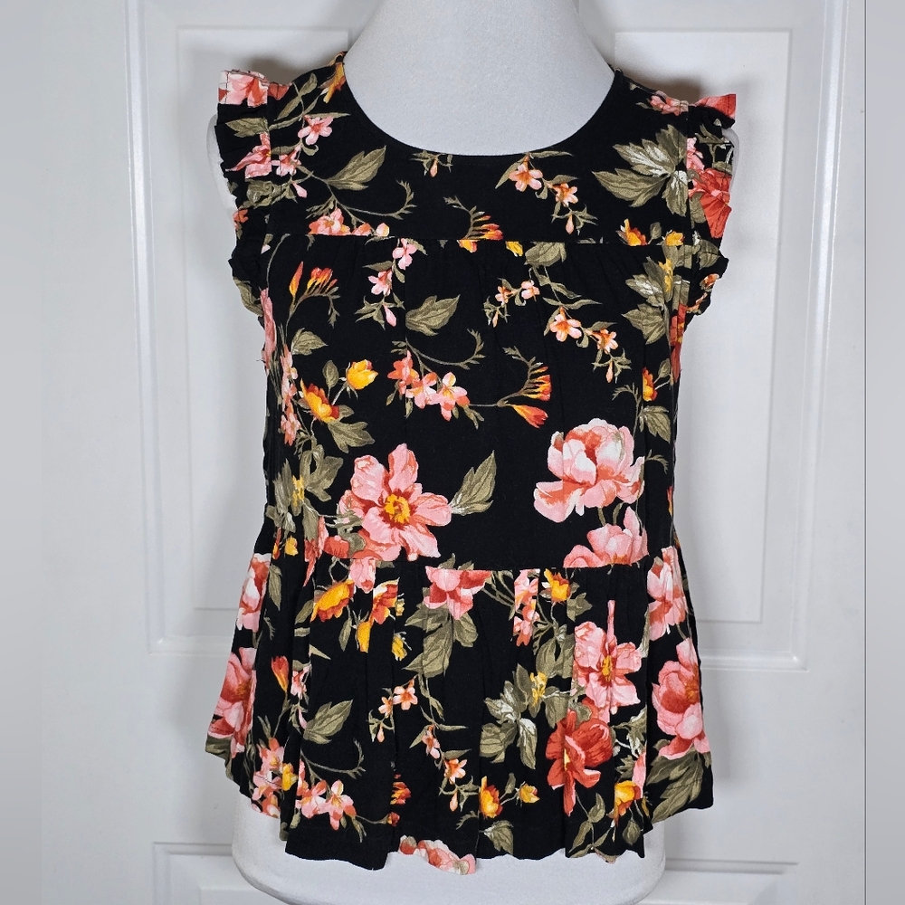 American Eagle Black Floral Ruffle Trim Top Medium